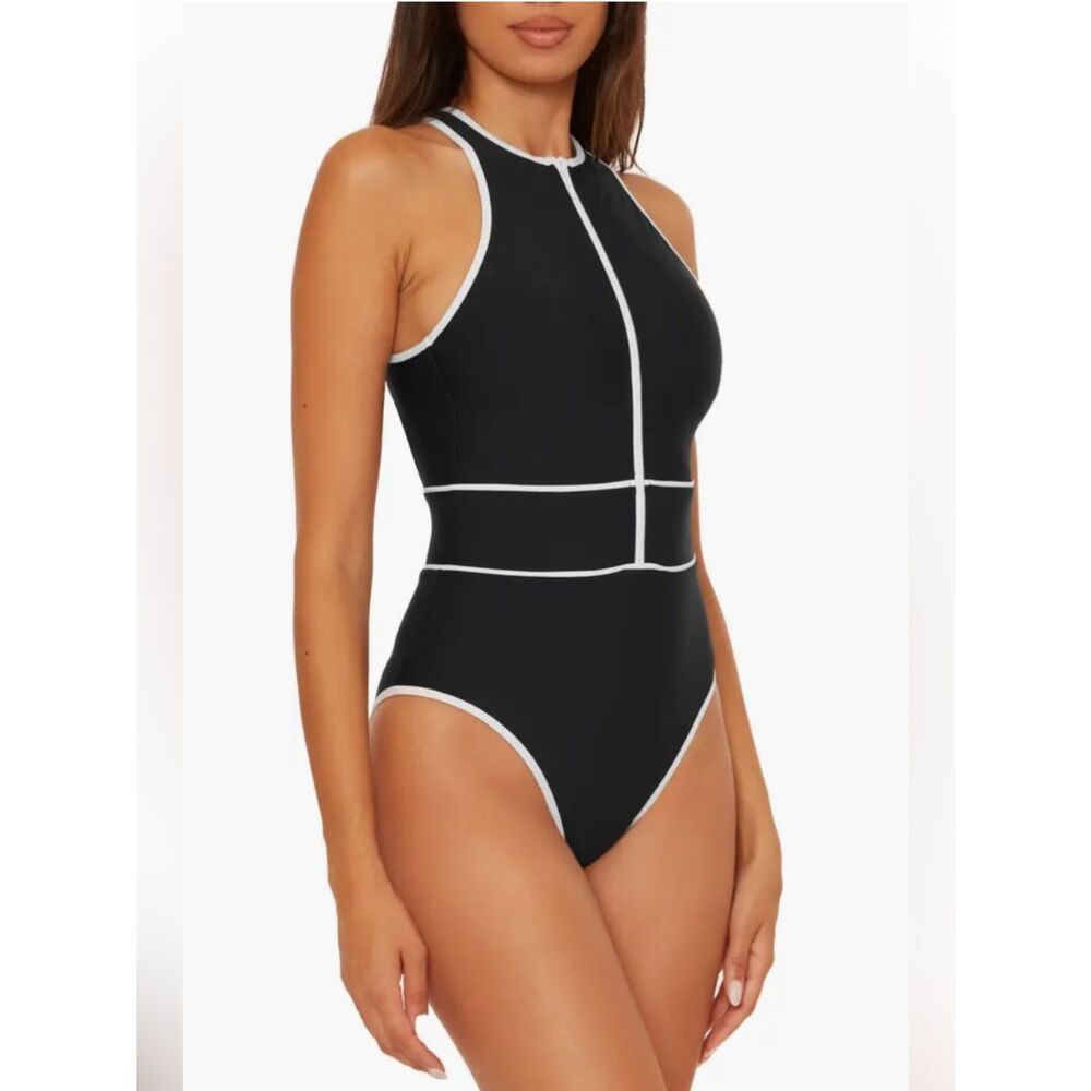 BECCA Swimsuit NEW Bali Boho Contrast Piping Sport One Piece Black White Size S